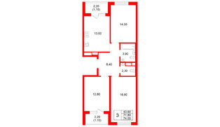 Квартира в ЖК Plus Пулковский, 3 комнатная, 74 м², 4 этаж