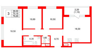 Квартира в ЖК Plus Пулковский, 3 комнатная, 74.2 м², 5 этаж