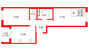Квартира в ЖК Plus Пулковский, 2 комнатная, 57.3 м², 5 этаж