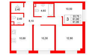 Квартира в ЖК Plus Пулковский, 3 комнатная, 61.8 м², 1 этаж