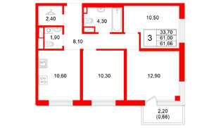 Квартира в ЖК Plus Пулковский, 3 комнатная, 61.66 м², 3 этаж