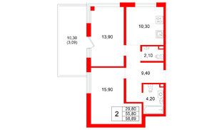 Квартира в ЖК Plus Пулковский, 2 комнатная, 58.89 м², 1 этаж