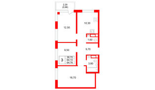 Квартира в ЖК Plus Пулковский, 3 комнатная, 64.76 м², 2 этаж