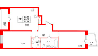 Квартира в ЖК «Респект», 2 комнатная, 65.84 м², 3 этаж