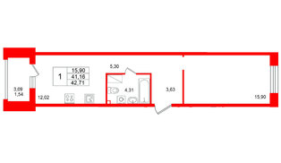 Квартира в ЖК «Респект», 1 комнатная, 42.71 м², 4 этаж
