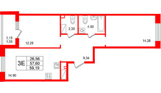 Квартира в ЖК «Респект», 2 комнатная, 59.19 м², 6 этаж