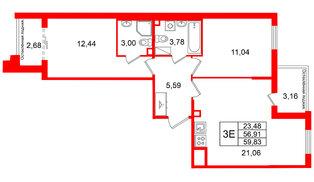 Квартира в ЖК Кристалл Холл, 2 комнатная, 56.91 м², 2 этаж