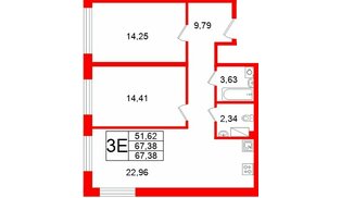Апартаменты в ЖК «Про.Молодость», 2 комнатные, 67.38 м², 14 этаж