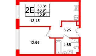Апартаменты в ЖК «Про.Молодость», 1 комнатные, 40.91 м², 4 этаж