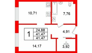 Апартаменты в ЖК «Про.Молодость», 1 комнатные, 41.47 м², 2 этаж