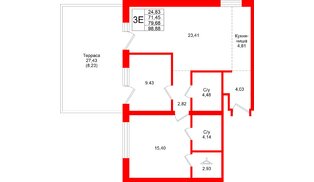 Квартира в ЖК Северный ветер, 2 комнатная, 98.88 м², 2 этаж
