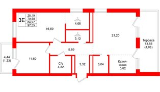Квартира в ЖК Северный ветер, 2 комнатная, 97.55 м², 8 этаж
