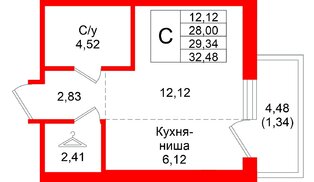 Квартира в ЖК «Северный ветер», студия, 32.48 м², 5 этаж