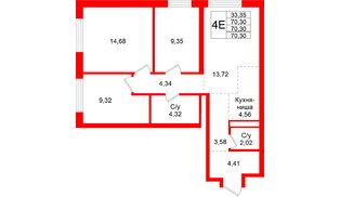 Квартира в ЖК Северный ветер, 3 комнатная, 70.3 м², 6 этаж