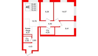 Квартира в ЖК Северный ветер, 3 комнатная, 70.18 м², 2 этаж