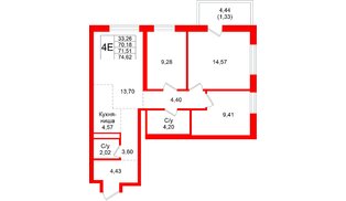 Квартира в ЖК «Северный ветер», 3 комнатная, 74.62 м², 8 этаж