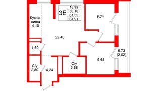 Квартира в ЖК «Северный ветер», 2 комнатная, 64.57 м², 12 этаж