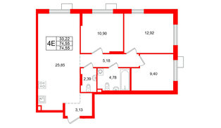 Квартира в ЖК А101 Лаголово, 3 комнатная, 74.55 м², 2 этаж