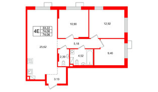 Квартира в ЖК А101 Лаголово, 3 комнатная, 74.06 м², 4 этаж