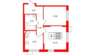 Квартира в ЖК А101 Лаголово, 2 комнатная, 46.45 м², 7 этаж