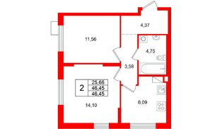 Квартира в ЖК А101 Лаголово, 2 комнатная, 46.45 м², 3 этаж