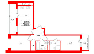 Квартира в ЖК Титул в Московском, 2 комнатная, 58.83 м², 9 этаж