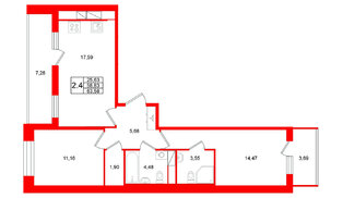 Квартира в ЖК Титул в Московском, 2 комнатная, 58.83 м², 11 этаж