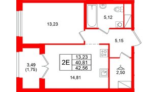 Квартира в ЖК «Речной квартал», 1 комнатная, 42.56 м², 3 этаж