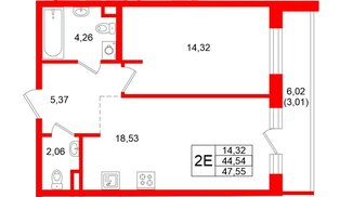 Квартира в ЖК Энфилд, 1 комнатная, 47.55 м², 2 этаж