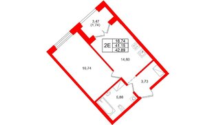 Квартира в ЖК «Речной квартал», 1 комнатная, 42.89 м², 21 этаж