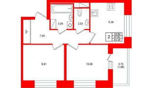 Квартира в ЖК «Аквилон Солар», 2 комнатная, 44.48 м², 9 этаж