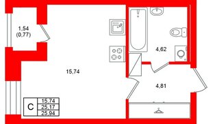 Квартира в ЖК «Аквилон Солар», студия, 25.94 м², 9 этаж