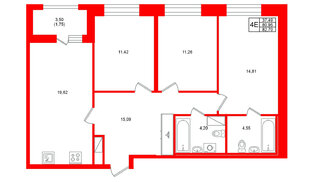 Квартира в ЖК «Аквилон Солар», 3 комнатная, 82.7 м², 11 этаж