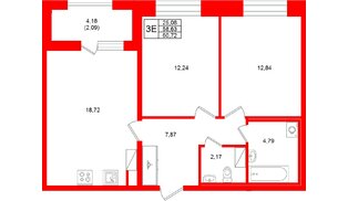 Квартира в ЖК «Аквилон Солар», 2 комнатная, 60.72 м², 6 этаж
