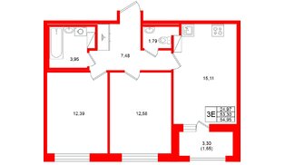 Квартира в ЖК «Аквилон Солар», 2 комнатная, 54.95 м², 10 этаж