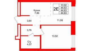 Квартира в ЖК «Северный ветер», 1 комнатная, 44.83 м², 13 этаж