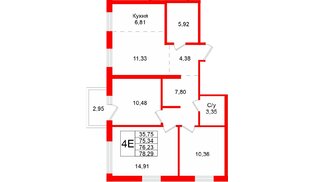 Квартира в ЖК Северный ветер, 3 комнатная, 78.29 м², 7 этаж