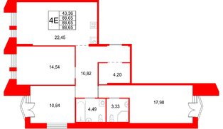 Квартира в ЖК «Галерная Гавань», 3 комнатная, 88.65 м², 3 этаж