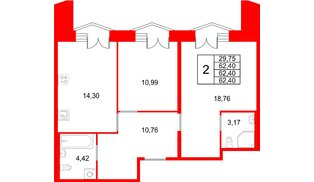 Квартира в ЖК «Галерная Гавань», 2 комнатная, 62.4 м², 5 этаж