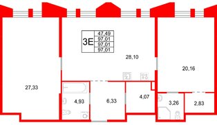 Квартира в ЖК «Галерная Гавань», 2 комнатная, 97.01 м², 3 этаж