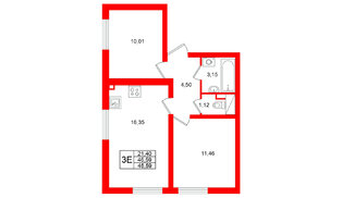 Квартира в ЖК 'Морская миля', 2 комнатная, 46.59 м², 3 этаж