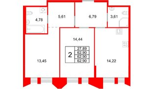 Квартира в ЖК «Галерная Гавань», 2 комнатная, 62.9 м², 3 этаж