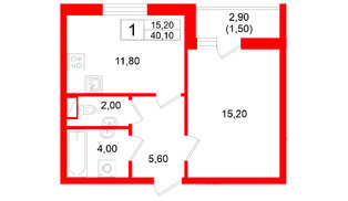 Квартира в ЖК Дом на Большом Смоленском, 1 комнатная, 40.1 м², 3 этаж