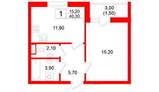 Квартира в ЖК Дом на Большом Смоленском, 1 комнатная, 40.3 м², 9 этаж