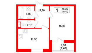 Квартира в ЖК Дом на Большом Смоленском, 1 комнатная, 40.4 м², 3 этаж