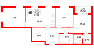 Квартира в ЖК Квартал Заречье, 3 комнатная, 77.75 м², 3 этаж