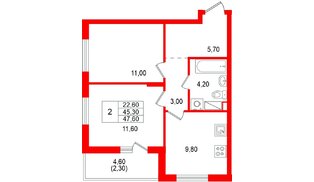 Квартира в ЖК «А101 Всеволожск», 2 комнатная, 47.6 м², 11 этаж