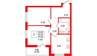 Квартира в ЖК «А101 Всеволожск», 2 комнатная, 47.6 м², 12 этаж
