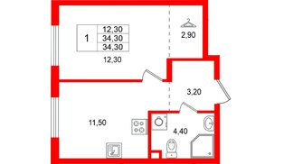 Квартира в ЖК «А101 Всеволожск», 1 комнатная, 34.3 м², 2 этаж