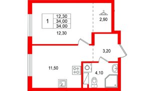 Квартира в ЖК «А101 Всеволожск», 1 комнатная, 34 м², 3 этаж